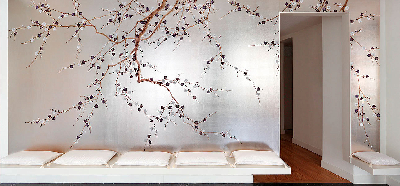 Обои ручная роспись Plum Blossom Lavender on Tarnished Silver gilded paper Обои ручная роспись Plum Blossom Lavender on Tarnished Silver gilded paper - Loft-Concept в Липецке