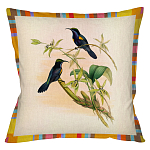 Декоративная подушка бежевая в разноцветную полоску с изображением птиц и цветов Blooming Birds Colorful Cushion варинант исполнения - 12 | Loft Concept в Липецке