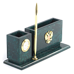 Настольный письменный набор с гербом России и часами из природного камня змеевик Successful Leader варинант исполнения - 2 | Loft Concept в Липецке