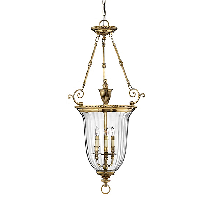 Подвесной светильник латунный с рифленым прозрачным плафоном и тремя свечеподобными лампами в классическом стиле Hinkley Латунь Прозрачное Стекло в Липецке | Loft Concept 
