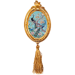 Картина с изображением павлинов в саду в овальной позолоченной раме с кисточкой Chinoiserie Imperial Garden Peacocks on a Tree Poster варинант исполнения - 2 | Loft Concept в Липецке