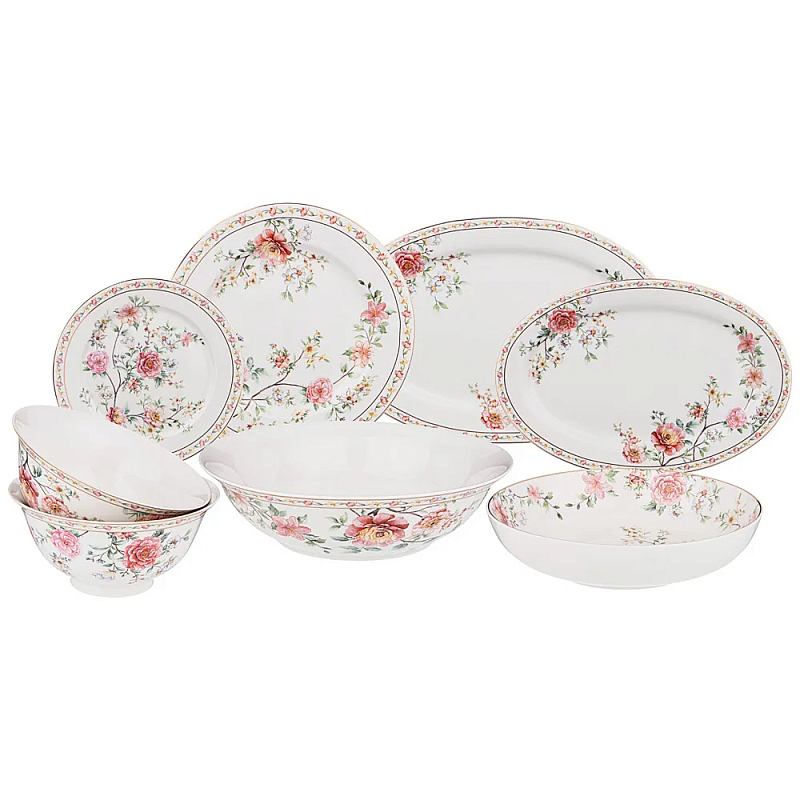 Сервиз обеденный из фарфора 23 предмета Flower Porcelain Collection Белый Красный Зеленый в Липецке | Loft Concept 