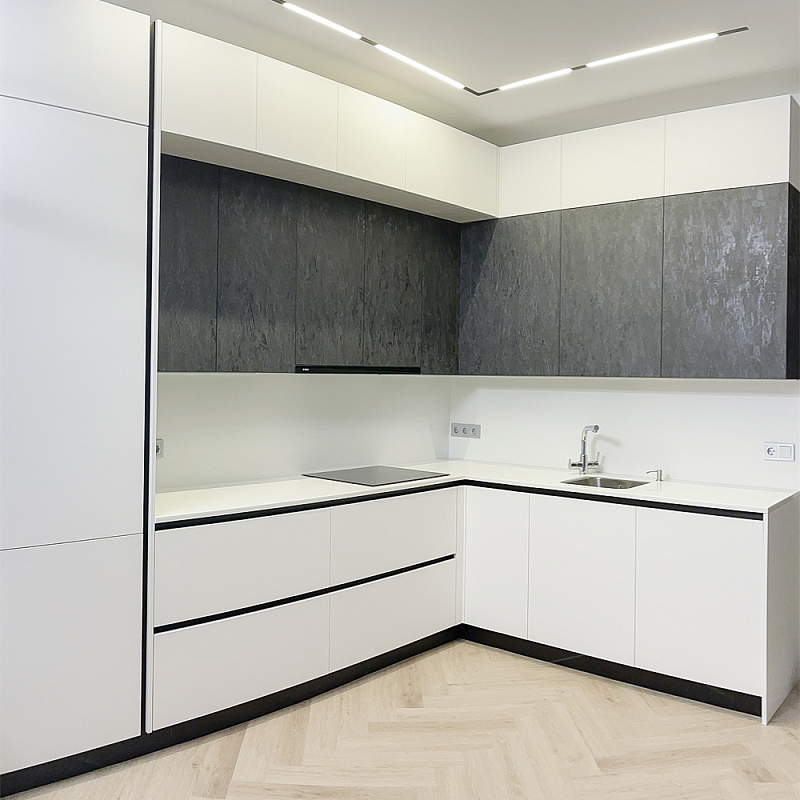 Угловой кухонный гарнитур Жемчужный белый Серый Clarke Kitchen Set White Grey Белый Темно-серый Угловой кухонный гарнитур Жемчужный белый Серый Clarke Kitchen Set White Grey Белый Темно-серый в Липецке | Loft Concept
