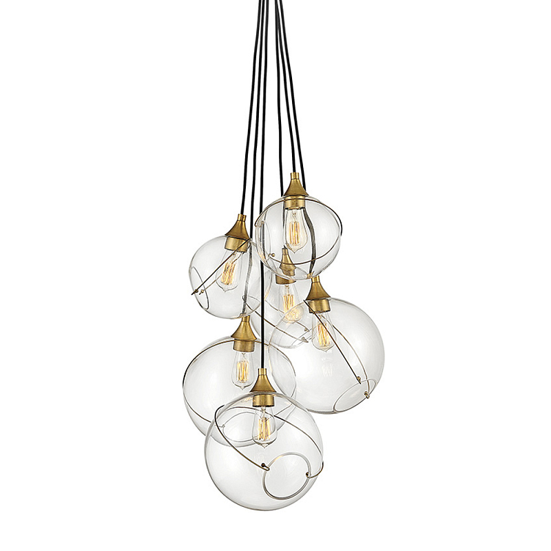 Подвесной светильник с шестью прозрачными стеклянными шарообразными плафонами Hinkley Латунь Прозрачное Стекло в Липецке | Loft Concept 