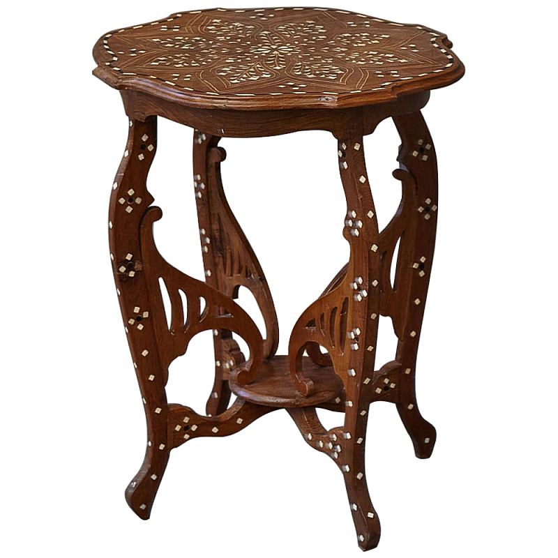 Приставной столик из массива тика инкрустированный костью Wooden Bone Inlay Side Table Коричневый Белый Приставной столик из массива тика инкрустированный костью Wooden Bone Inlay Side Table Коричневый Белый в Липецке | Loft Concept