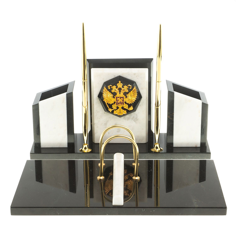 Настольный письменный набор из мрамора и змеевика с гербом России Marble Accessory Белый Черный Настольный письменный набор из мрамора и змеевика с гербом России Marble Accessory Белый Черный в Липецке | Loft Concept