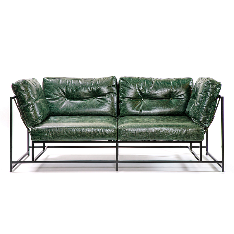 Диван Лофт Натуральная Винтажная кожа Зеленый Two Seat Encounter Leather Sofa Изумрудный Черный в Липецке | Loft Concept 