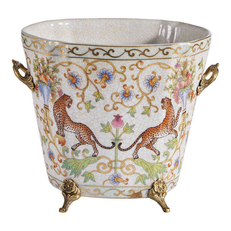 Кашпо с растительным и животным орнаментом на бронзовых ножках Turquoise Blooming Garden Мульти Бронза в Липецке | Loft Concept 