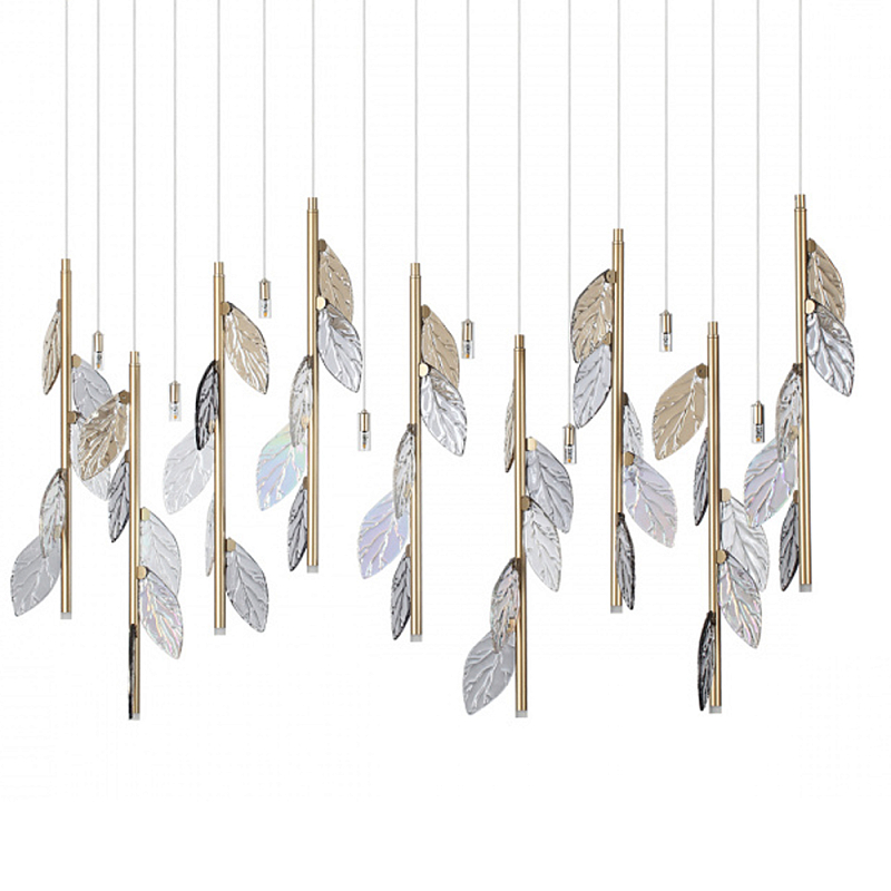 Люстра с золотистыми трубками и прозрачными стеклянными листьями на подвесах Sylva  матовое золото Дымчатый (Smoke) Прозрачное Стекло в Липецке | Loft Concept 