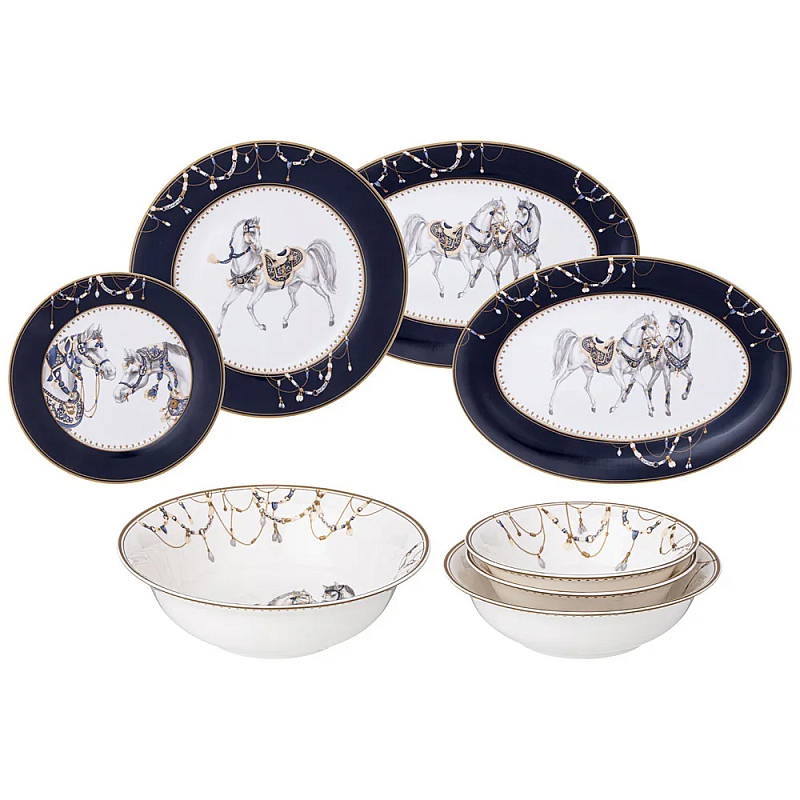 Сервиз обеденный из фарфора с изображением лошадей на 6 персон 23 предмета Porcelain Horse Set Белый Синий Сервиз обеденный из фарфора с изображением лошадей на 6 персон 23 предмета Porcelain Horse Set Белый Синий в Липецке | Loft Concept