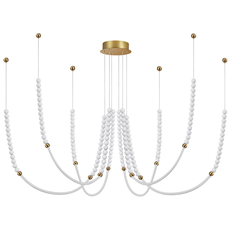 Люстра подвесная с 6-ю изогнутыми плафонами и белыми декоративными шариками PEARLS Suspension Бронза Белый в Липецке | Loft Concept 