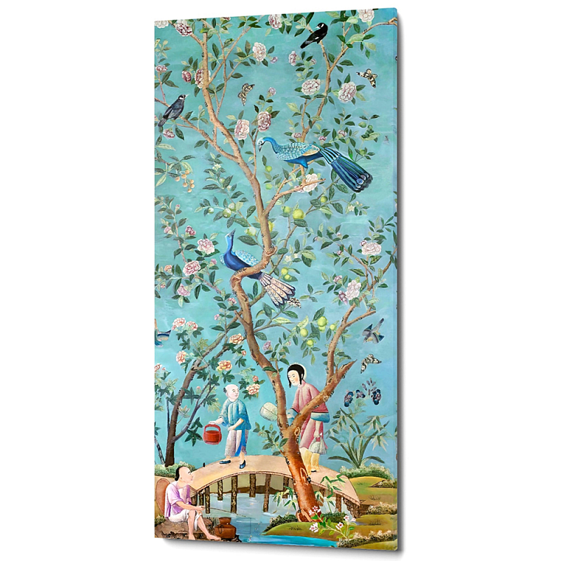 Постер на холсте в стиле шинуазри Chinoiserie Bridge in the garden Poster Бирюзовый Мульти в Липецке | Loft Concept 