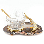 Икорница с ложкой с декором "Кадушка" с гравировкой на подставке из натурального камня Агат Decorative Cavair Dishes варинант исполнения - 1 | Loft Concept в Липецке
