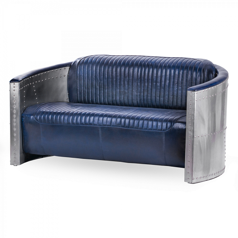 Диван Авиатор Sofa 2 seat синяя кожа Синий Алюминий Диван Авиатор Sofa 2 seat синяя кожа Синий Алюминий в Липецке | Loft Concept
