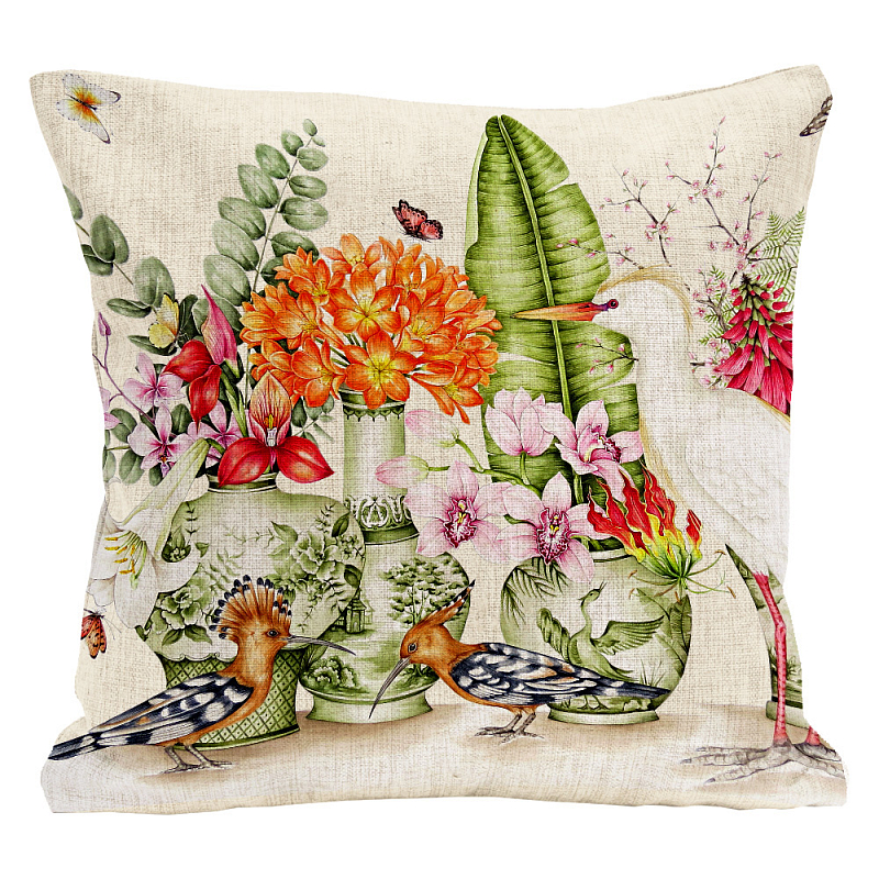 Декоративная подушка Hoopoes and Flowers Pillow Мульти Бежевый Декоративная подушка Hoopoes and Flowers Pillow Мульти Бежевый в Липецке | Loft Concept