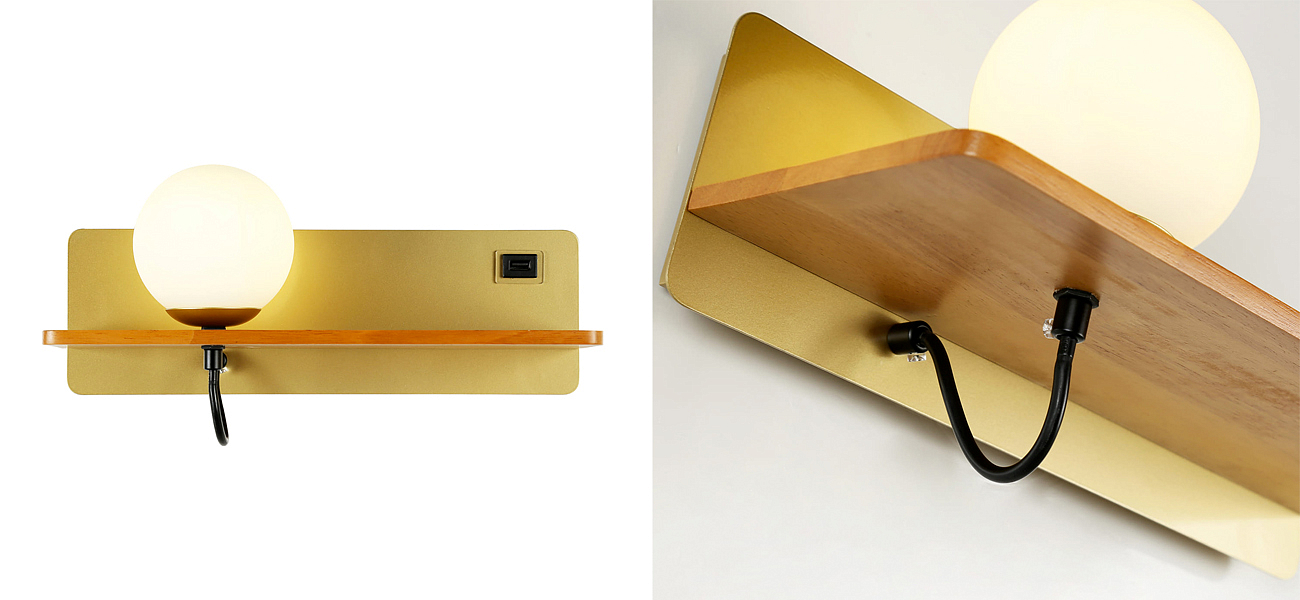 Бра с полкой Gold GAVIN WOOD USB Бра с полкой Gold GAVIN WOOD USB - Loft-Concept в Липецке