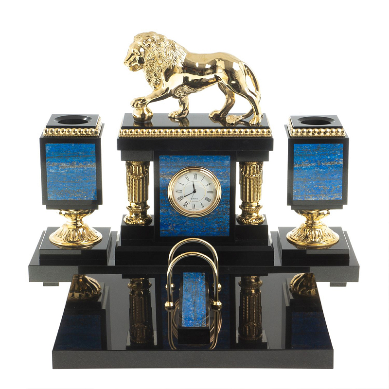 Настольный письменный набор из лазурита с декором в виде льва Golden Lion Лазурь Бронза в Липецке | Loft Concept 