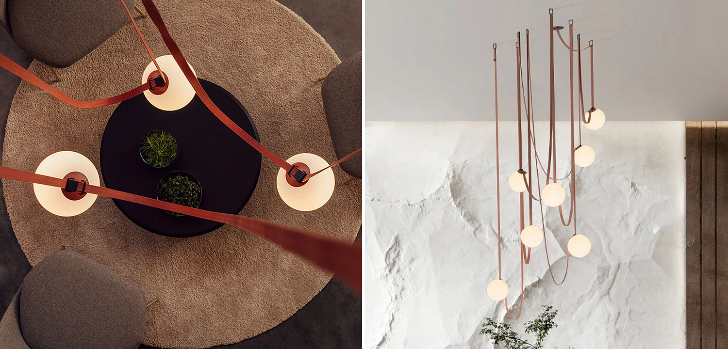 Vibia PLUSMINUS Серия подвесных светильников с белыми шарообразными плафонами из стекла на красных текстильных ремнях Vibia PLUSMINUS Серия подвесных светильников с белыми шарообразными плафонами из стекла на красных текстильных ремнях - Loft-Concept в Липецке