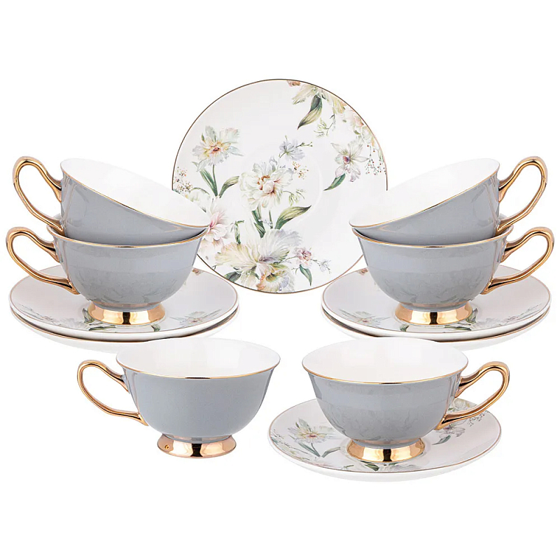 Чайный набор из фарфора на 6 персон Grey Tea Porcelain Set Белый Золотой Серый Чайный набор из фарфора на 6 персон Grey Tea Porcelain Set Белый Золотой Серый в Липецке | Loft Concept