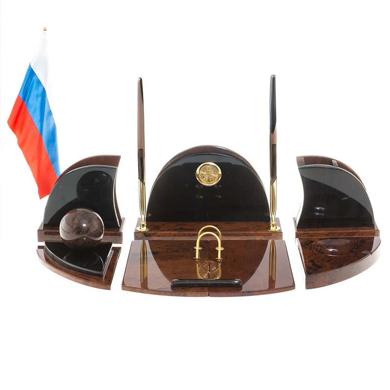 Настольный письменный набор с часами из природного камня обсидиана Oval Office Коричневый Бронза Настольный письменный набор с часами из природного камня обсидиана Oval Office Коричневый Бронза в Липецке | Loft Concept