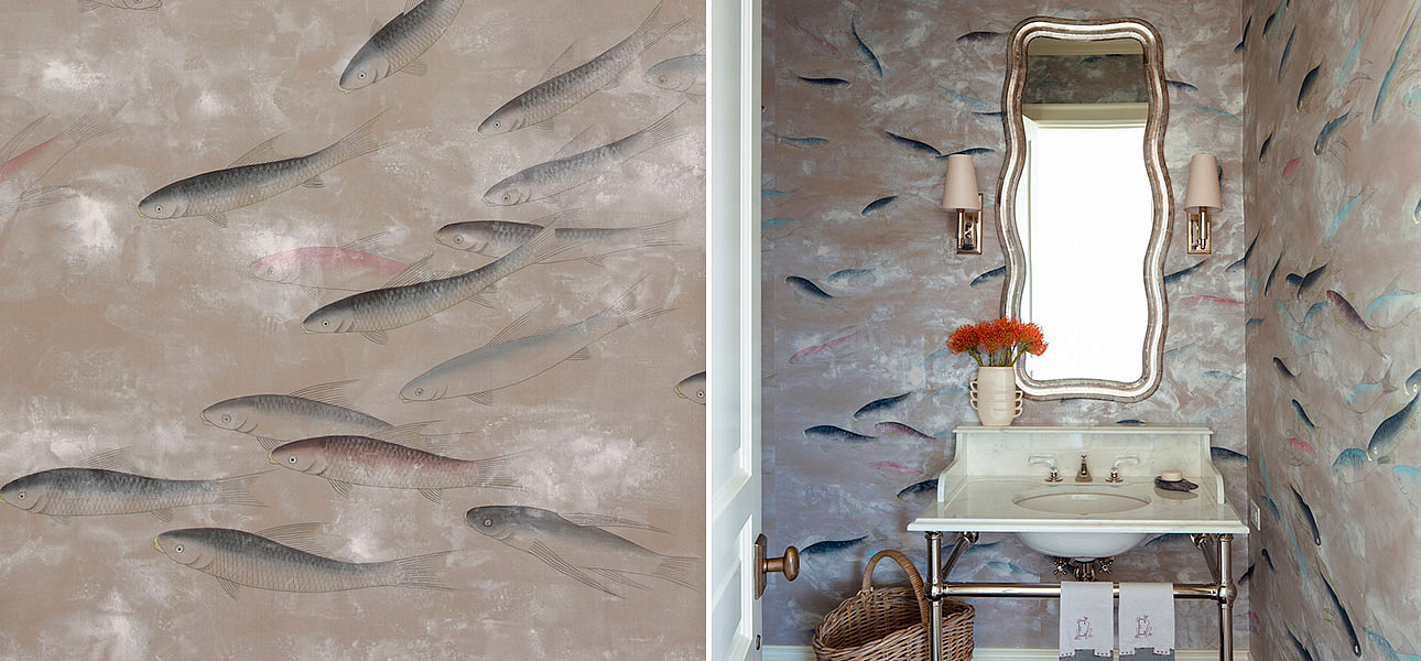 Обои ручная роспись Fishes Blue Pearl on Lead Grey dyed silk with antiquing Обои ручная роспись Fishes Blue Pearl on Lead Grey dyed silk with antiquing - Loft-Concept в Липецке
