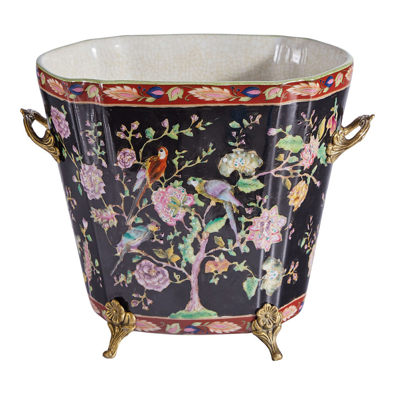 Кашпо из фарфора черная с цветочной росписью и бронзовой стрекозой Spring Garden Мульти Бронза Черный в Липецке | Loft Concept 