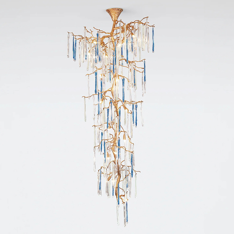 Люстра каскадная с прозрачными и голубыми подвесками в форме капель Droplet Chandelier Золотой Прозрачный Голубой Люстра каскадная с прозрачными и голубыми подвесками в форме капель Droplet Chandelier Золотой Прозрачный Голубой в Липецке | Loft Concept