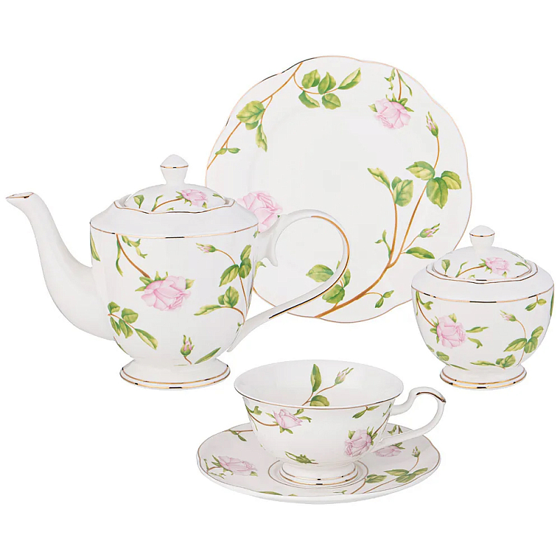 Чайный сервиз из фарфора белый с цветочным принтом на 6 персон 20 предметов Flower Porcelain Collection Белый Мульти Чайный сервиз из фарфора белый с цветочным принтом на 6 персон 20 предметов Flower Porcelain Collection Белый Мульти в Липецке | Loft Concept