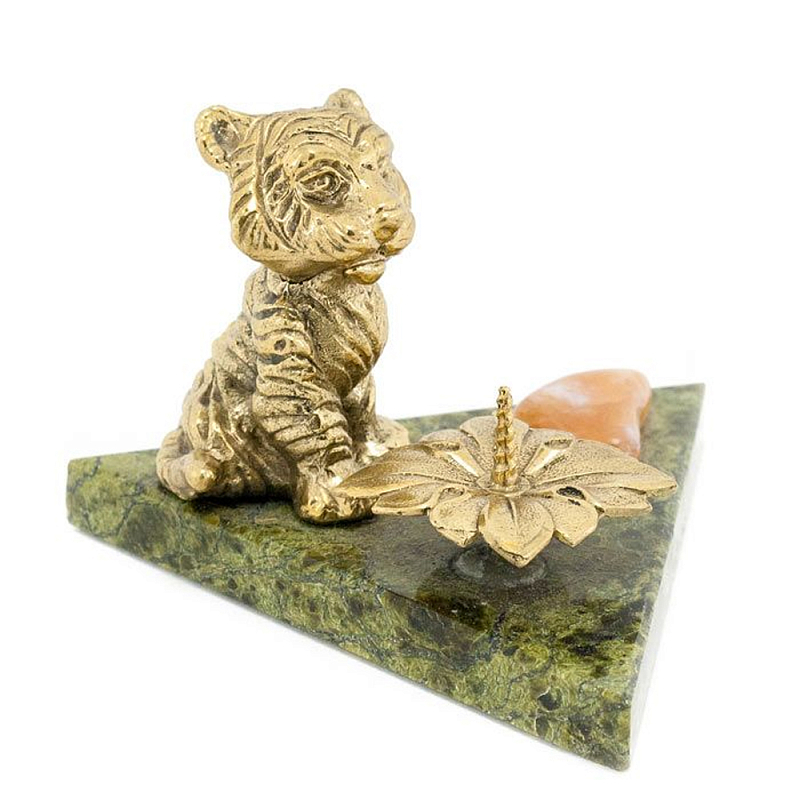 Подсвечник с фигуркой тигра из бронзы и натурального камня змеевик Stone Candlestick Змеевик Бронза в Липецке | Loft Concept 