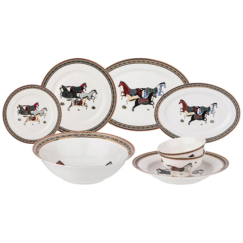 Сервиз обеденный из фарфора с изображением лошадей на 6 персон 23 предмета Porcelain Horse Set Белый Мульти Сервиз обеденный из фарфора с изображением лошадей на 6 персон 23 предмета Porcelain Horse Set Белый Мульти в Липецке | Loft Concept