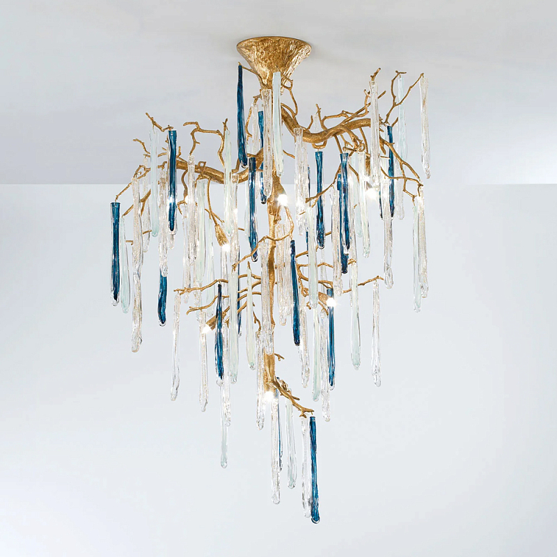 Люстра с прозрачными и голубыми подвесками в форме капель Droplet Chandelier Золотой Прозрачный Синий Люстра с прозрачными и голубыми подвесками в форме капель Droplet Chandelier Золотой Прозрачный Синий в Липецке | Loft Concept