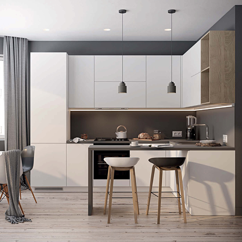 Кухонный гарнитур белый акриловый фасад Eveline White Kitchen Set Белый Древесина Серый Кухонный гарнитур белый акриловый фасад Eveline White Kitchen Set Белый Древесина Серый в Липецке | Loft Concept