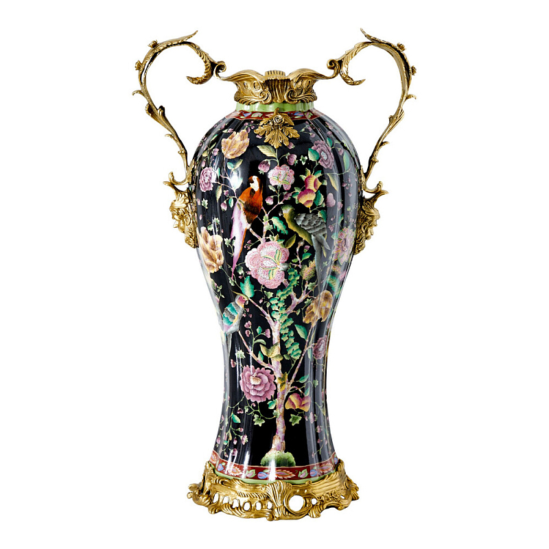 Ваза из фарфора черная с цветочной росписью и бронзовыми элементами Spring Garden Бронза Мульти Черный в Липецке | Loft Concept 