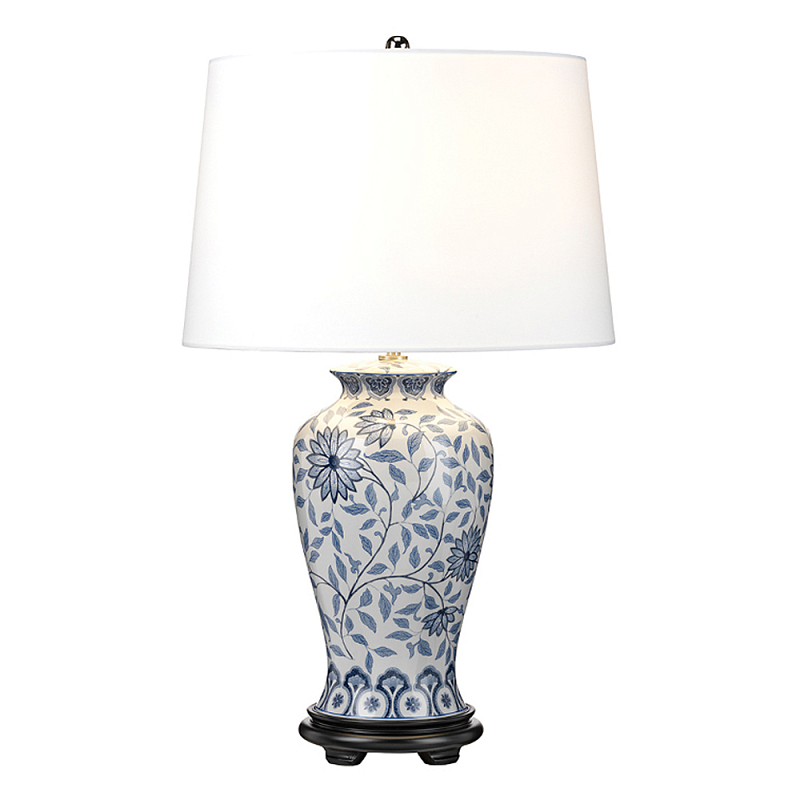 Настольная лампа с керамическим основанием в белом цвете с синим цветочным орнаментом на темной деревянной подставке и тканевым абажуром Elstead Lighting Белый Синий Черный в Липецке | Loft Concept 
