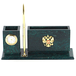 Настольный письменный набор с гербом России и часами из природного камня змеевик Successful Leader варинант исполнения - 1 | Loft Concept в Липецке