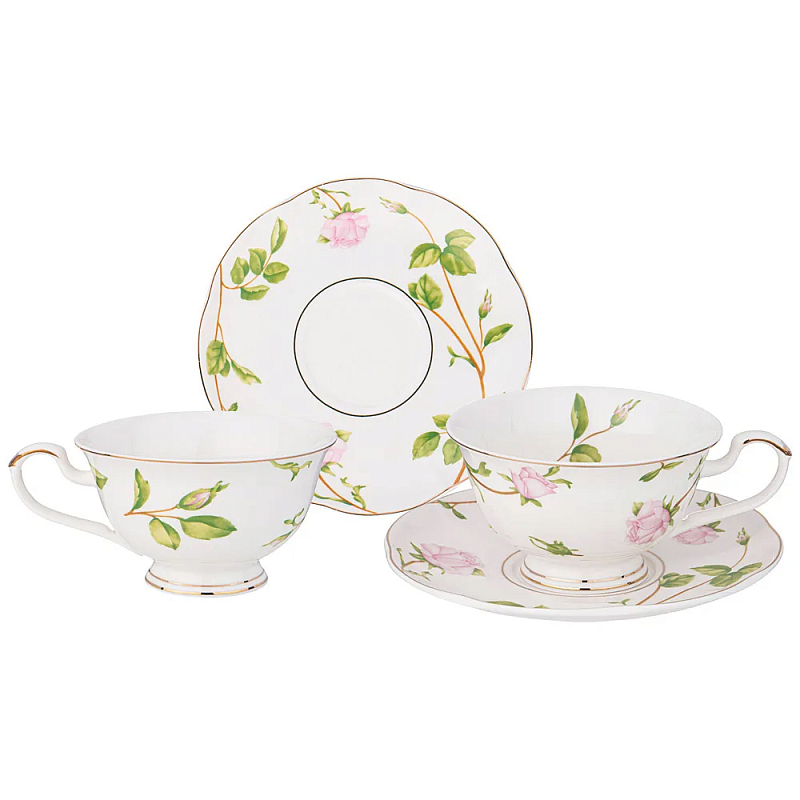 Чайный набор из фарфора белый с цветочным принтом на 2 персоны 4 предмета Flower Porcelain Collection Белый Мульти в Липецке | Loft Concept 