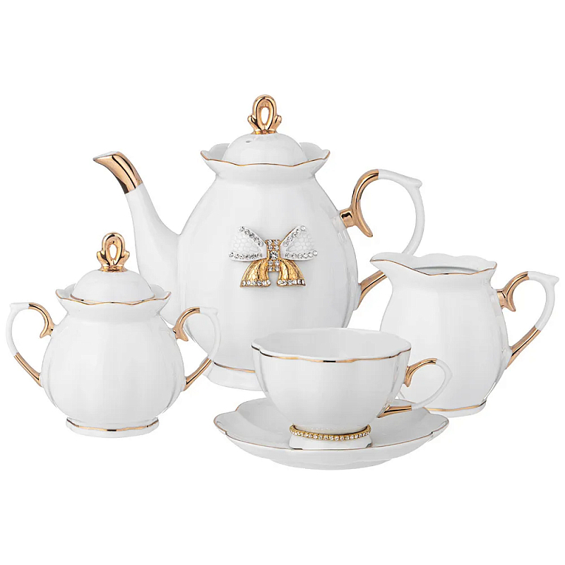 Чайный сервиз из фарфора со стразами на 6 персон 15 предметов Shine Porcelain Белый Золотой Чайный сервиз из фарфора со стразами на 6 персон 15 предметов Shine Porcelain Белый Золотой в Липецке | Loft Concept