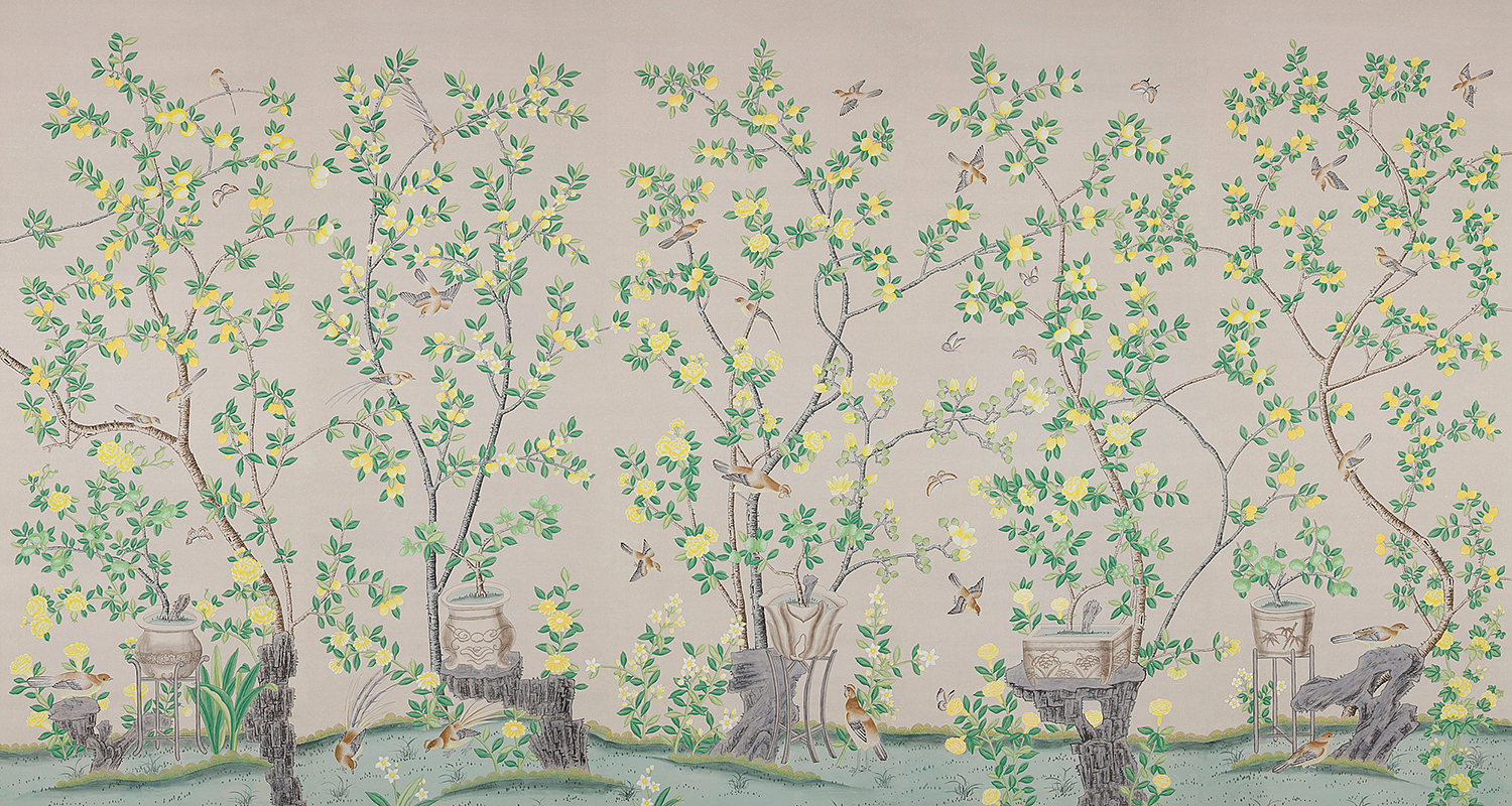 Обои ручная роспись Jardinieres & Citrus Trees Silver metallic Обои ручная роспись Jardinieres & Citrus Trees Silver metallic - Loft-Concept в Липецке