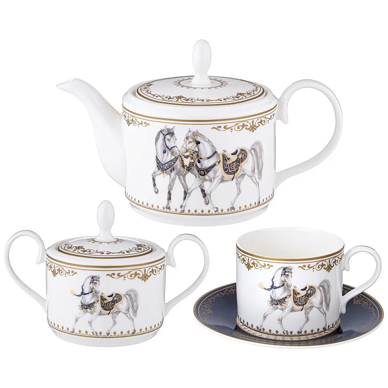 Чайный сервиз из фарфора с изображением лошадей на 6 персон 14 предметов Porcelain Horse Set Белый Синий Чайный сервиз из фарфора с изображением лошадей на 6 персон 14 предметов Porcelain Horse Set Белый Синий в Липецке | Loft Concept