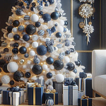 Украшенная Белая Новогодняя Елка с сине-белыми шарами и и муляжами подарков в комплекте варинант исполнения - 2 | Loft Concept в Липецке