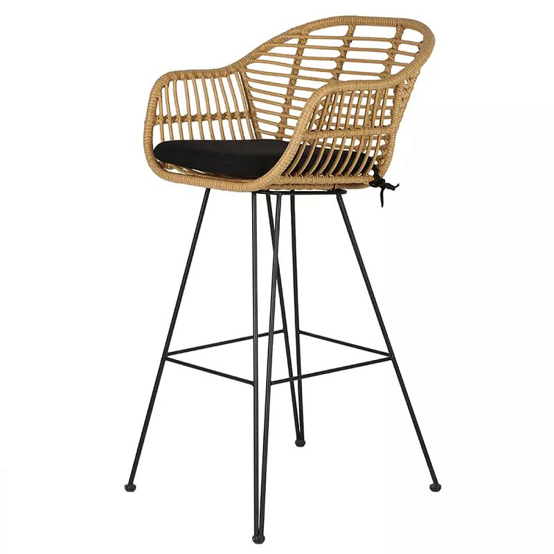 Стул барный с ротанговым плетением Half Bar Chair with Wicker с подлокотниками Черный Бежевый Стул барный с ротанговым плетением Half Bar Chair with Wicker с подлокотниками Черный Бежевый в Липецке | Loft Concept