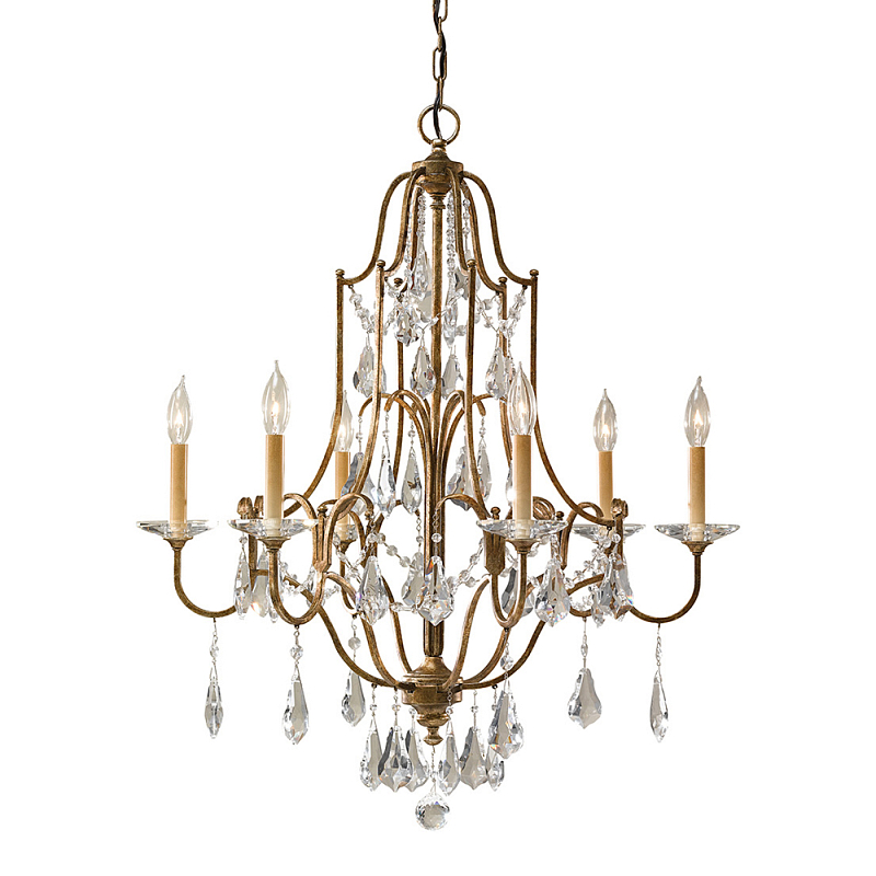 Люстра в бронзовом цвете с 6-ю лампами в форме свечей со стеклянными подвесками в классическом стиле Feiss Бронза Прозрачное Стекло в Липецке | Loft Concept 