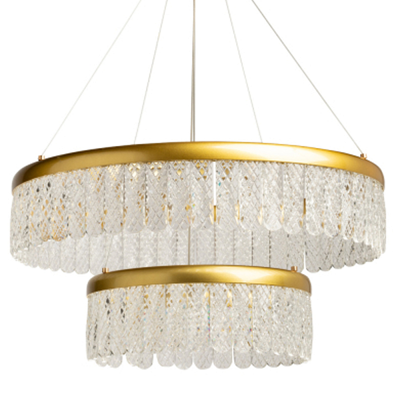 Люстра двухъярусная с золотого цвета и прозрачными подвесками Pettico Прозрачный Золотой в Липецке | Loft Concept 
