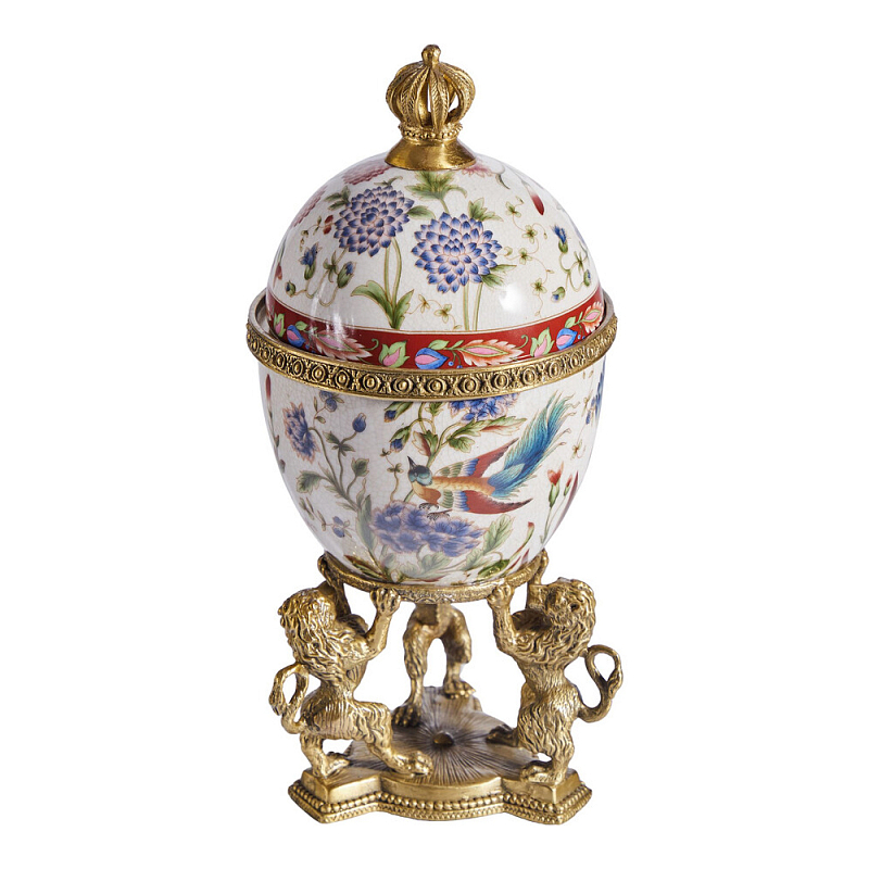 Шкатулка в форме яйца на величественных львах из фарфора с бронзовыми элементами Eden Garden Белый Черный Бронза Мульти в Липецке | Loft Concept 