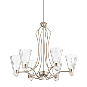 Люстра цвета никель с 6-ю рифлеными стеклянными плафонами и изогнутым каркасом Kichler