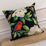 Декоративная подушка чёрная с изображением птиц и цветов Blooming Reds Birds варинант исполнения - 2 | Loft Concept в Липецке