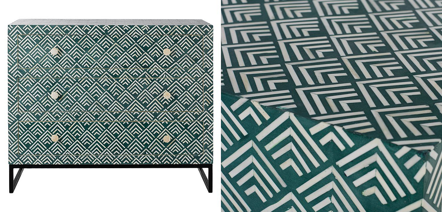 Комод инкрустация костью Green Indian Bone Inlay 3 drawer Зеленый Комод инкрустация костью Green Indian Bone Inlay 3 drawer Зеленый - Loft-Concept в Липецке