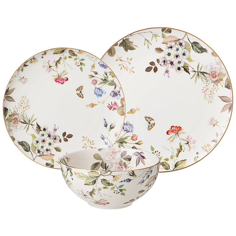 Набор посуды обеденный на 4 персоны 12 предметов Garden Whisper Porcelain Set Белый Мульти Набор посуды обеденный на 4 персоны 12 предметов Garden Whisper Porcelain Set Белый Мульти в Липецке | Loft Concept