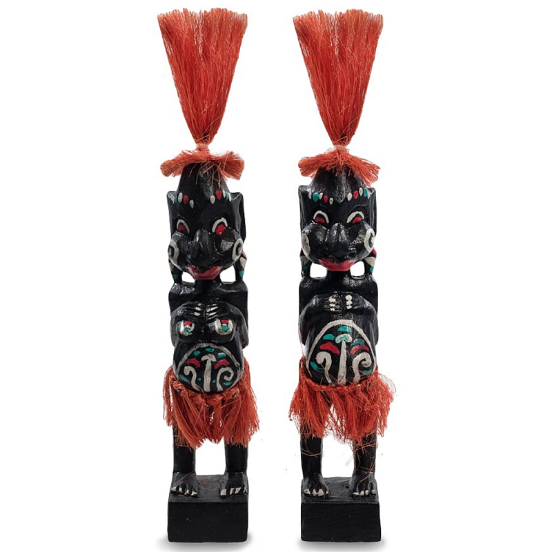 Комплект из 2-х деревянных статуэток Asmat Red Straw Headdress Statuettes Черный Красный Белый Бирюзовый Комплект из 2-х деревянных статуэток Asmat Red Straw Headdress Statuettes Черный Красный Белый Бирюзовый в Липецке | Loft Concept
