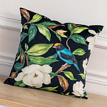 Декоративная подушка чёрная с изображением птиц и цветов  Blooming Blue Birds варинант исполнения - 2 | Loft Concept в Липецке